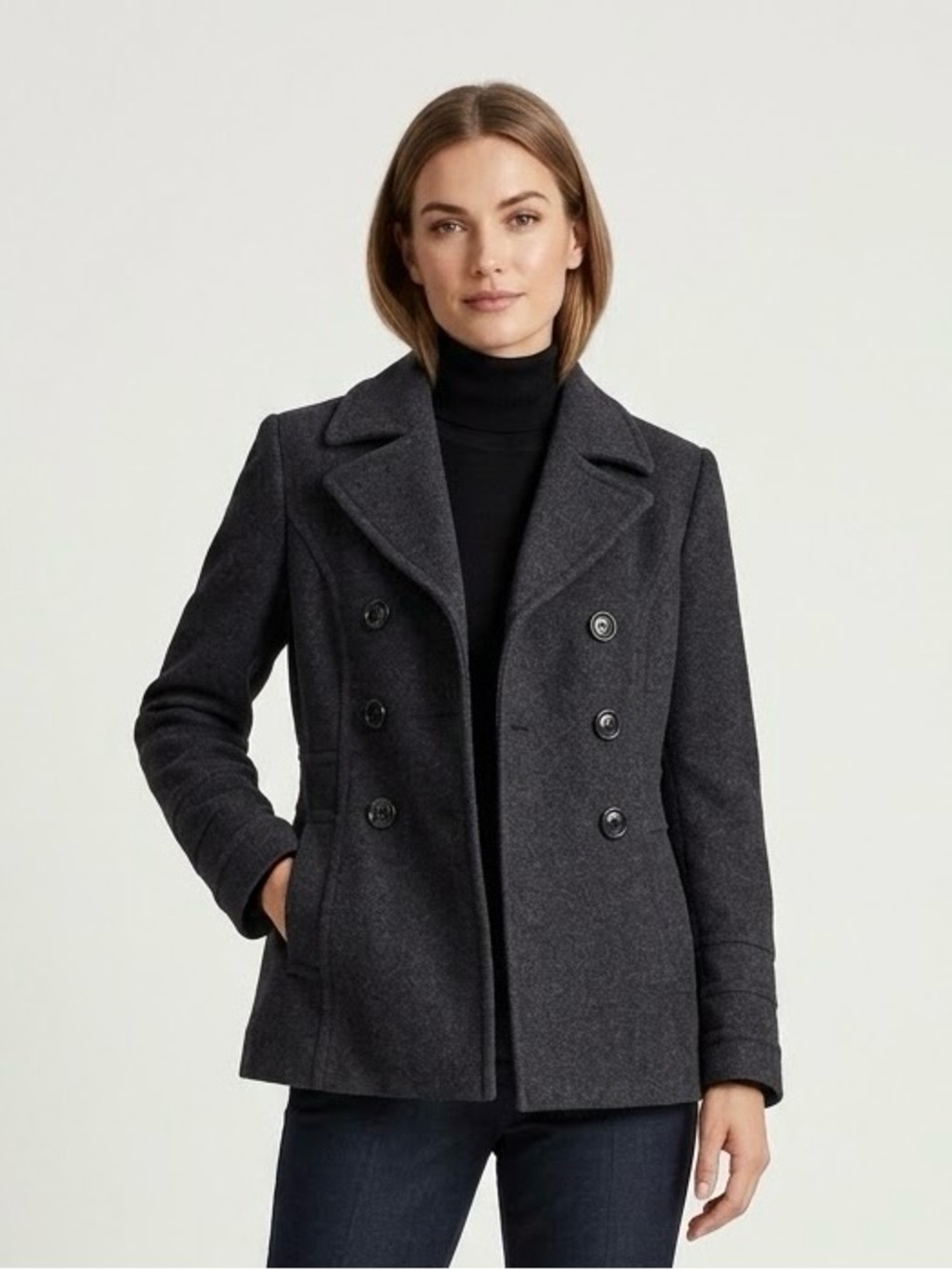 ST. JOHN'S BAY Wool Cashmere Blend Double Breasted Pea Coat Charcoal Gray Med M